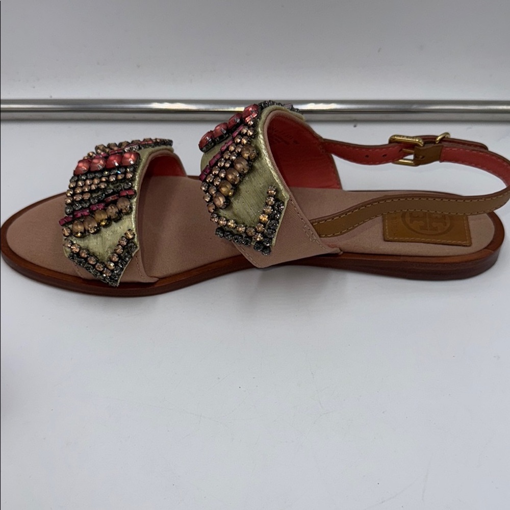 Tory Burch Gold Jeweled Strappy Sandals - Picture 12 of 16